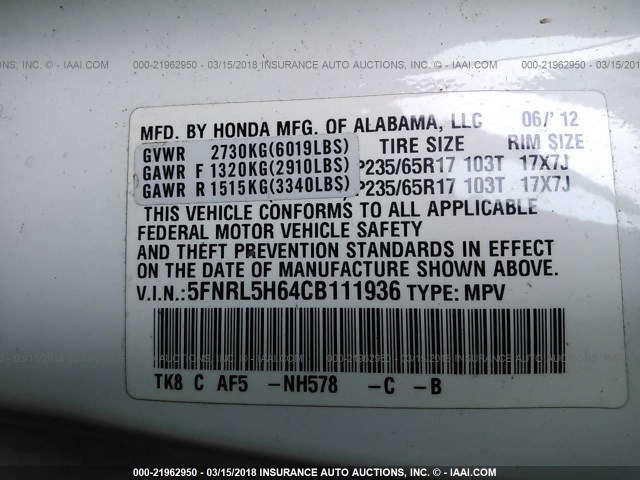 5FNRL5H64CB111936 - 2012 HONDA ODYSSEY EXL WHITE photo 9