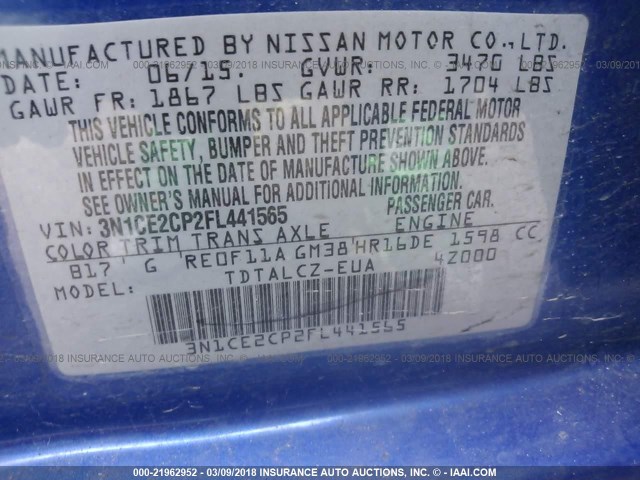 3N1CE2CP2FL441565 - 2015 NISSAN VERSA NOTE S/S PLUS/SV/SL/SR BLUE photo 9