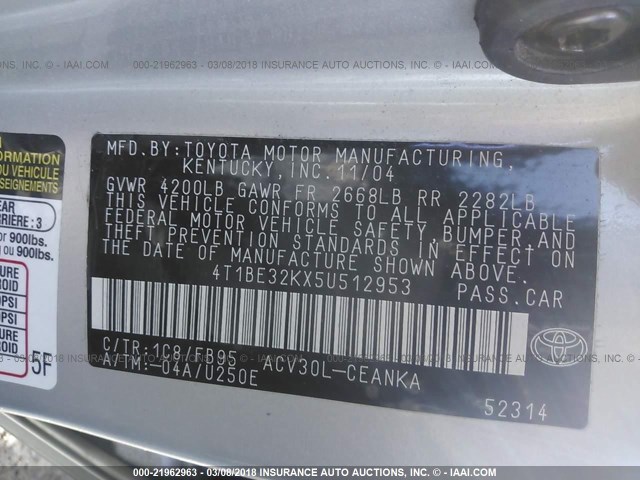 4T1BE32KX5U512953 - 2005 TOYOTA CAMRY LE/XLE/SE SILVER photo 9