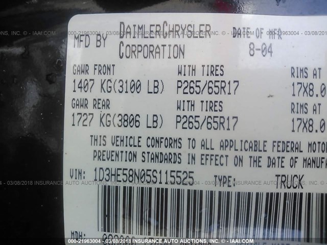 1D3HE58N05S115525 - 2005 DODGE DAKOTA QUAD LARAMIE BLACK photo 9