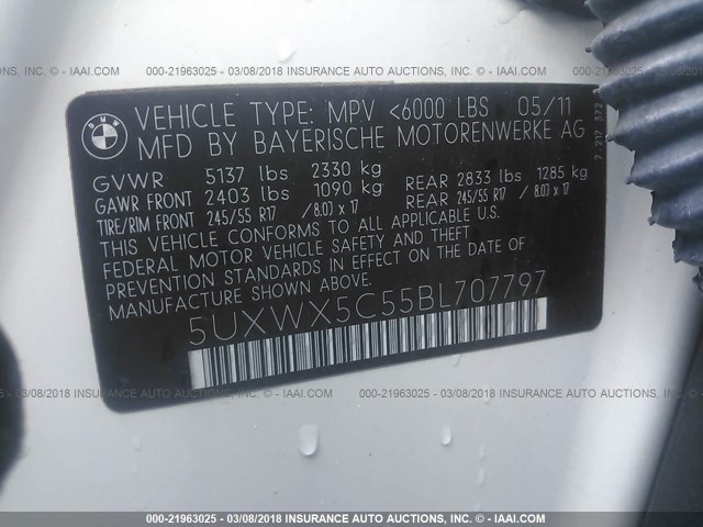 5UXWX5C55BL707797 - 2011 BMW X3 XDRIVE28I WHITE photo 9