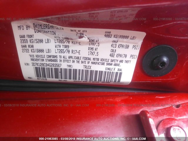 3D7KU28C84G283567 - 2004 DODGE RAM 2500 ST/SLT 红色 照片 9