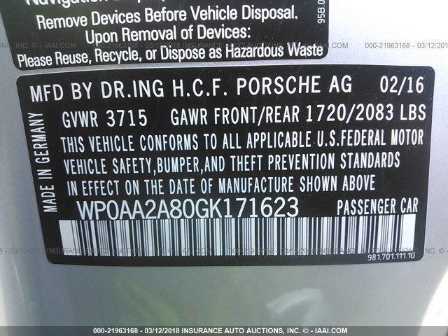 WP0AA2A80GK171623 - 2016 PORSCHE CAYMAN 银色 照片 9