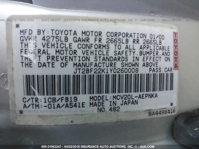 JT2BF22K1Y0260008 - 2000 TOYOTA CAMRY CE/LE/XLE SILVER photo 9