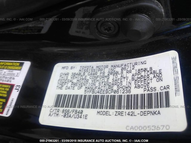 5YFBU4EE9CP061236 - 2012 TOYOTA COROLLA S/LE Dark Blue photo 9