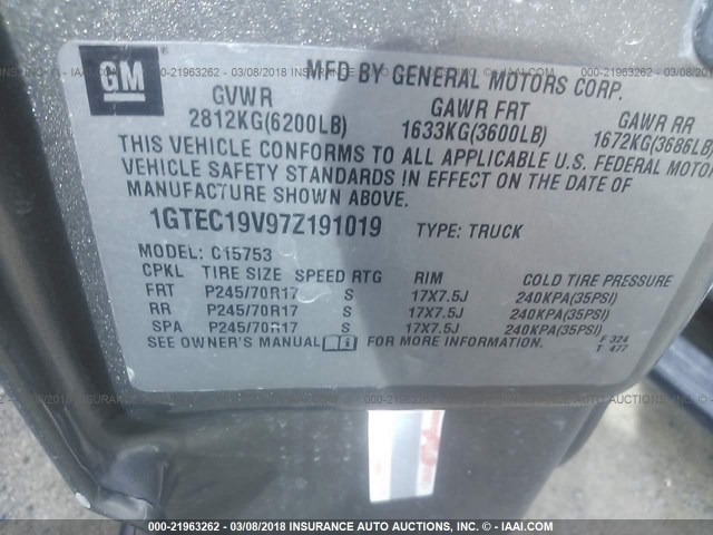 1GTEC19V97Z191019 - 2007 GMC NEW SIERRA C1500 GRAY photo 9