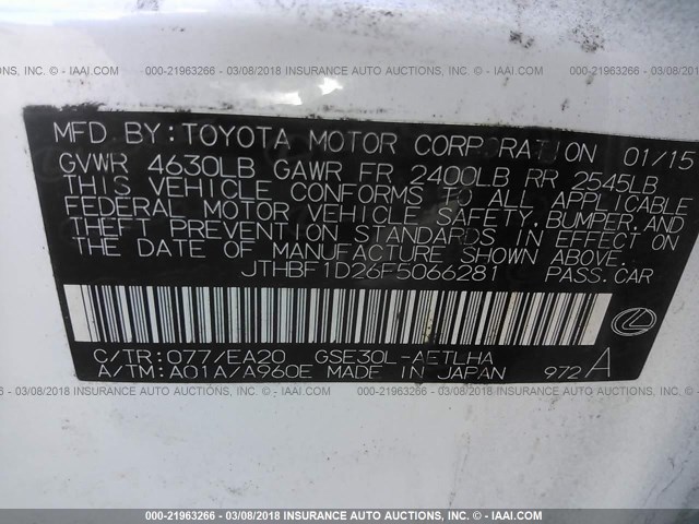 JTHBF1D26F5066281 - 2015 LEXUS IS 250 WHITE photo 9