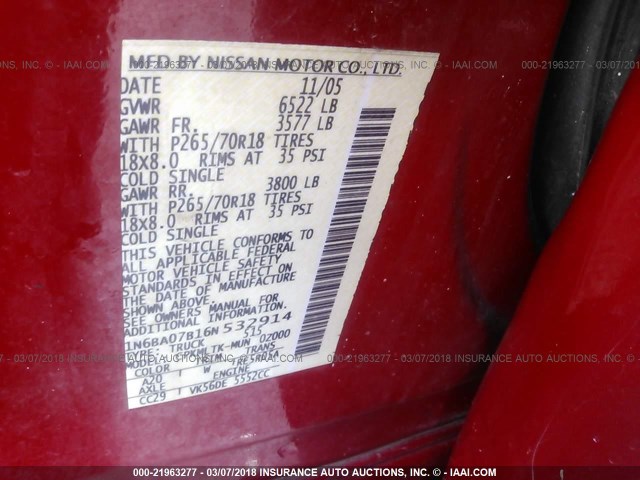 1N6BA07B16N532914 - 2006 NISSAN TITAN XE/SE/LE RED photo 9