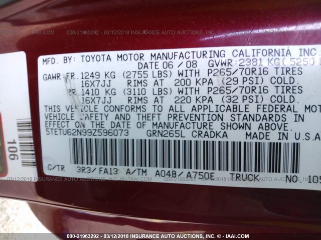 5TETU62N99Z596073 - 2009 TOYOTA TACOMA PRERUNNER ACCESS CAB RED photo 9