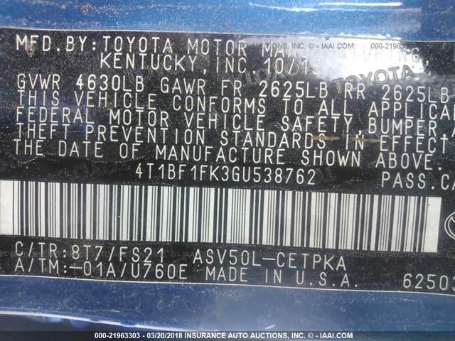 4T1BF1FK3GU538762 - 2016 TOYOTA CAMRY LE/XLE/SE/XSE BLUE photo 9