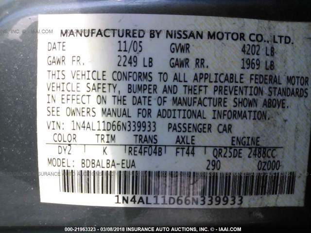 1N4AL11D66N339933 - 2006 NISSAN ALTIMA S/SL GRAY photo 9