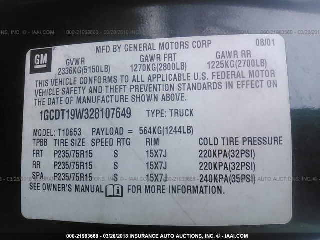 1GCDT19W328107649 - 2002 CHEVROLET S TRUCK S10 GREEN photo 9