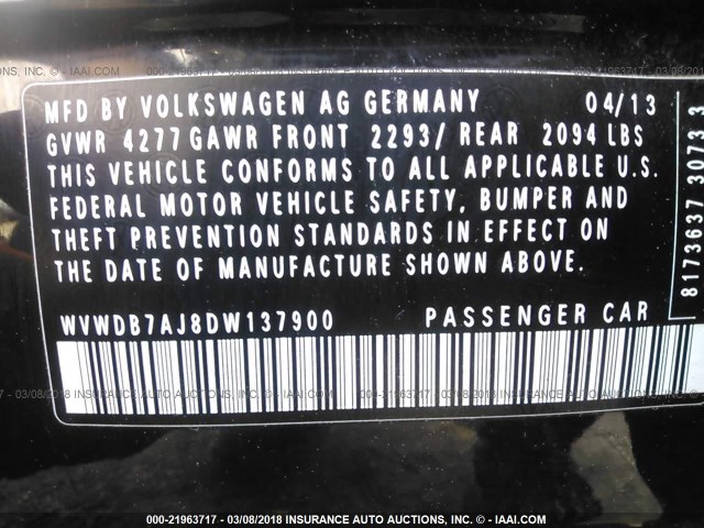 WVWDB7AJ8DW137900 - 2013 VOLKSWAGEN GOLF BLACK photo 9