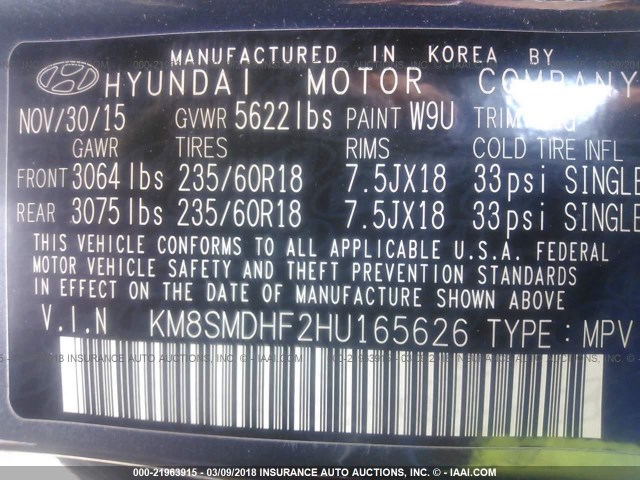 KM8SMDHF2HU165626 - 2017 HYUNDAI SANTA FE SE GRAY photo 9