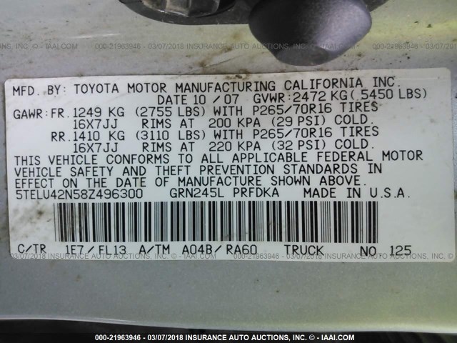 5TELU42N58Z496300 - 2008 TOYOTA TACOMA DOUBLE CAB 银色 照片 9