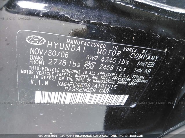 KMHFC46D67A181916 - 2007 HYUNDAI AZERA GLS BLACK photo 9