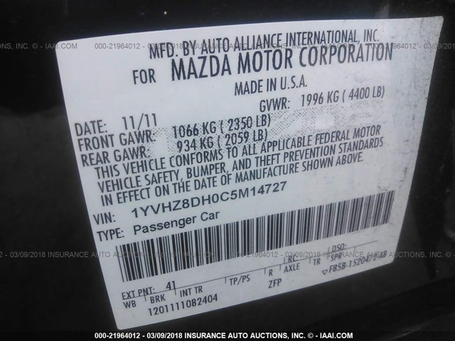 1YVHZ8DH0C5M14727 - 2012 MAZDA 6 I GRAY photo 9