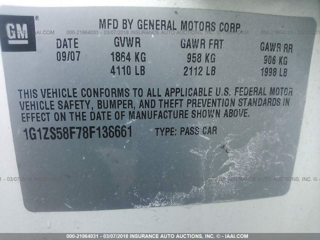 1G1ZS58F78F138661 - 2008 CHEVROLET MALIBU LS თეთრი ფოტო 9