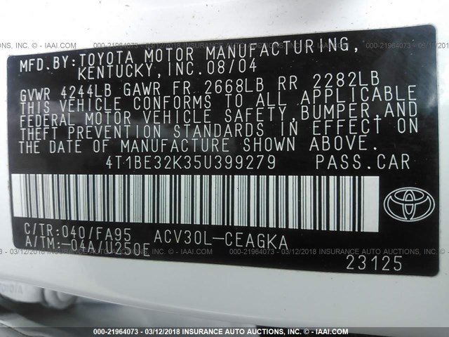 4T1BE32K35U399279 - 2005 TOYOTA CAMRY LE/XLE/SE WHITE photo 9