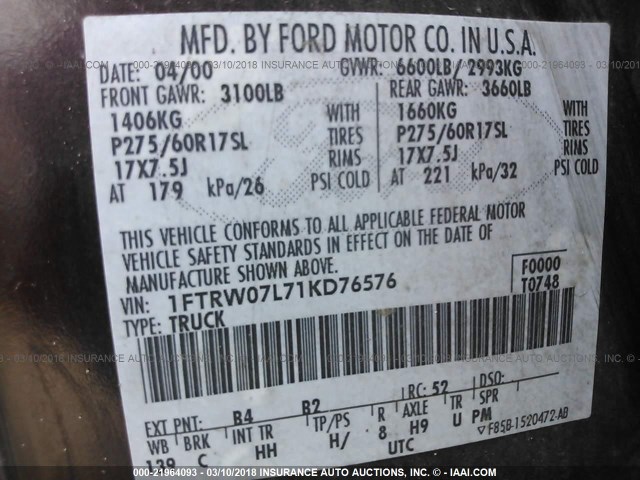 1FTRW07L71KD76576 - 2001 FORD F150 SUPERCREW BURGUNDY photo 9