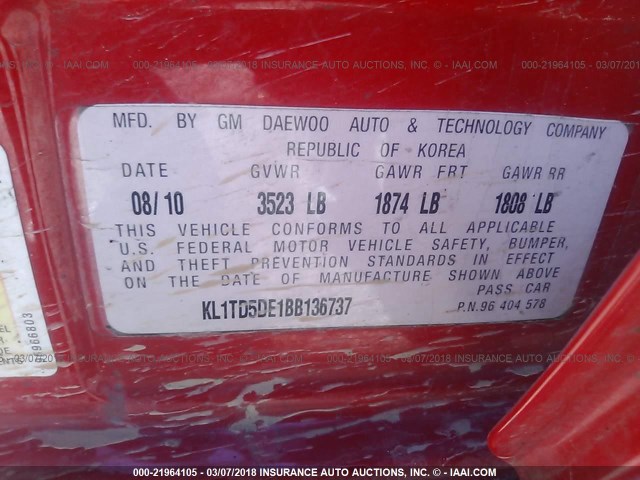 KL1TD5DE1BB136737 - 2011 CHEVROLET AVEO LS/LT 红色 照片 9