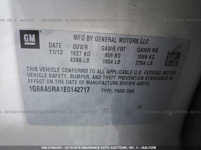 1G6AA5RA1E0142717 - 2014 CADILLAC ATS SILVER photo 9