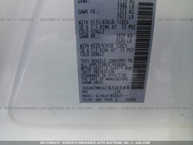 5N1AR2MM5EC650348 - 2014 NISSAN PATHFINDER S/SV/SL/PLATINUM 白色 照片 9