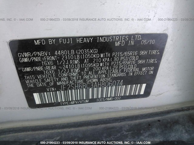 JF2SH6BC3AH806074 - 2010 SUBARU FORESTER XS Beżowy zdjęcie 9