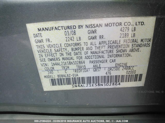 1N4AL21E58N502864 - 2008 NISSAN ALTIMA 2.5/2.5S GREEN photo 9