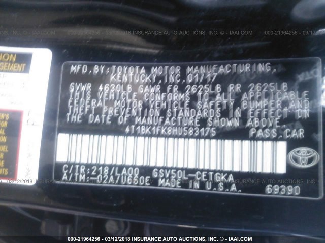 4T1BK1FK8HU583175 - 2017 TOYOTA CAMRY XSE/XLE Qara foto 9