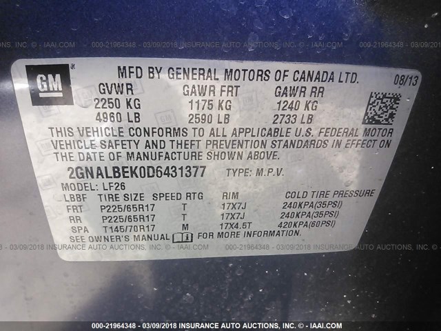 2GNALBEK0D6431377 - 2013 CHEVROLET EQUINOX LS BLUE photo 9