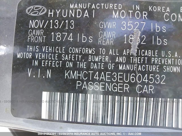 KMHCT4AE3EU604532 - 2014 HYUNDAI ACCENT GLS/GS GRAY photo 9