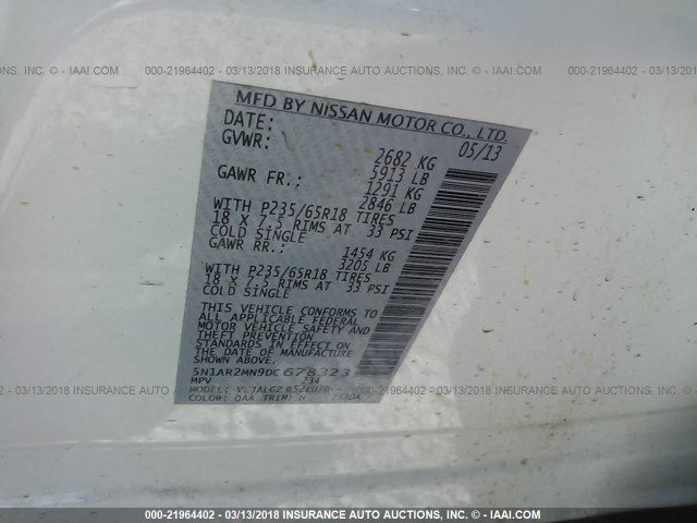 5N1AR2MN9DC678323 - 2013 NISSAN PATHFINDER S/SV/SL/PLATINUM 白色 照片 9