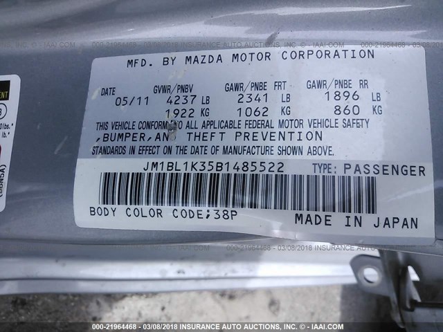 JM1BL1K35B1485522 - 2011 MAZDA SPEED 3 SILVER photo 9