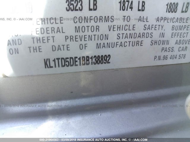 KL1TD5DE1BB138892 - 2011 CHEVROLET AVEO LS/LT 银色 照片 9