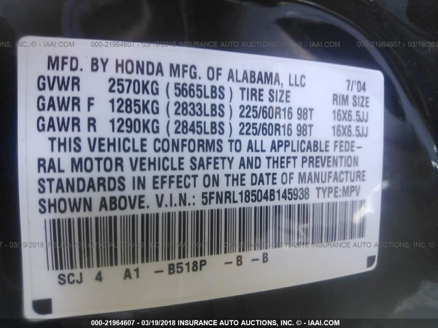 5FNRL18504B145938 - 2004 HONDA ODYSSEY LX BLUE photo 10