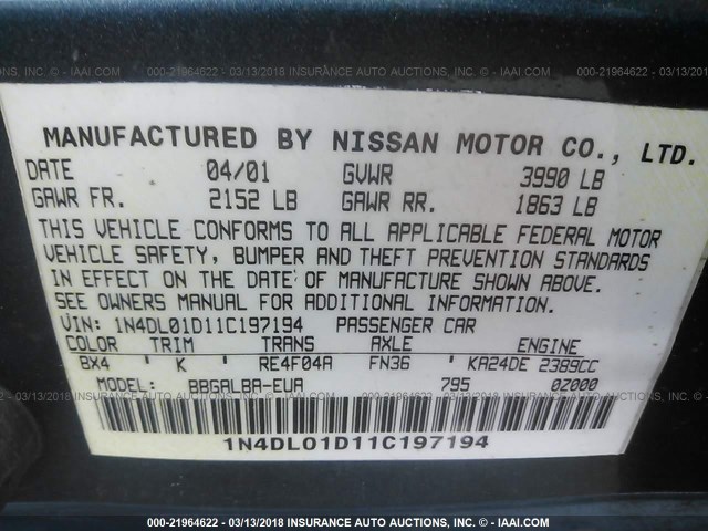 1N4DL01D11C197194 - 2001 NISSAN ALTIMA XE/GXE/SE TEAL photo 9