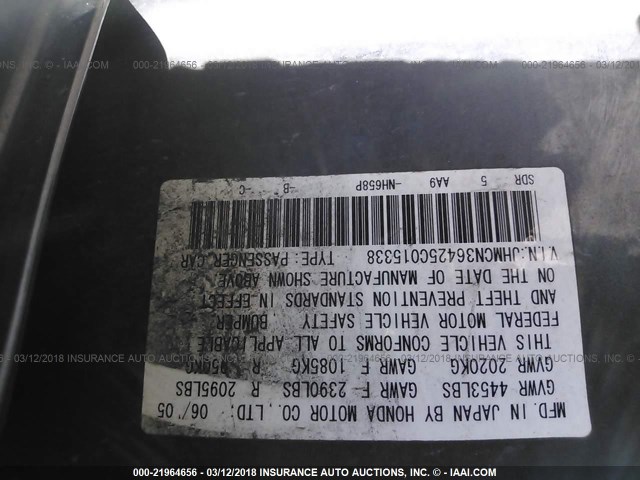 JHMCN36425C015338 - 2005 HONDA ACCORD HYBRID GRAY photo 9