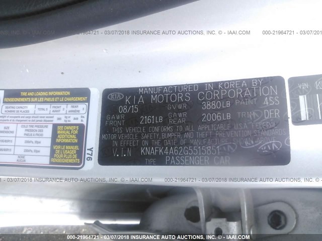 KNAFK4A62G5515851 - 2016 KIA FORTE LX SILVER photo 9