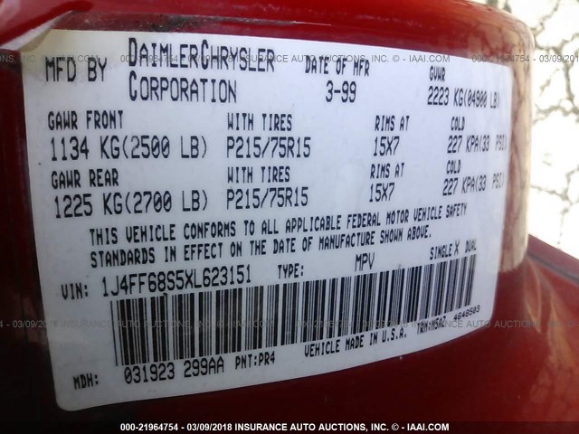 1J4FF68S5XL623151 - 1999 JEEP CHEROKEE SPORT/CLASSIC წითელი ფოტო 9