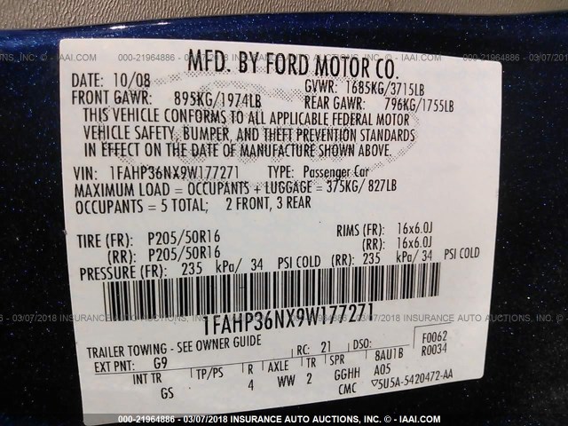 1FAHP36NX9W177271 - 2009 FORD FOCUS SES BLUE photo 9