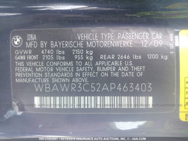 WBAWR3C52AP463403 - 2010 BMW 328 I SULEV BLUE photo 9