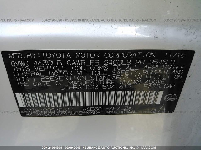 JTHBA1D23H5041615 - 2017 LEXUS IS 200T თეთრი ფოტო 9