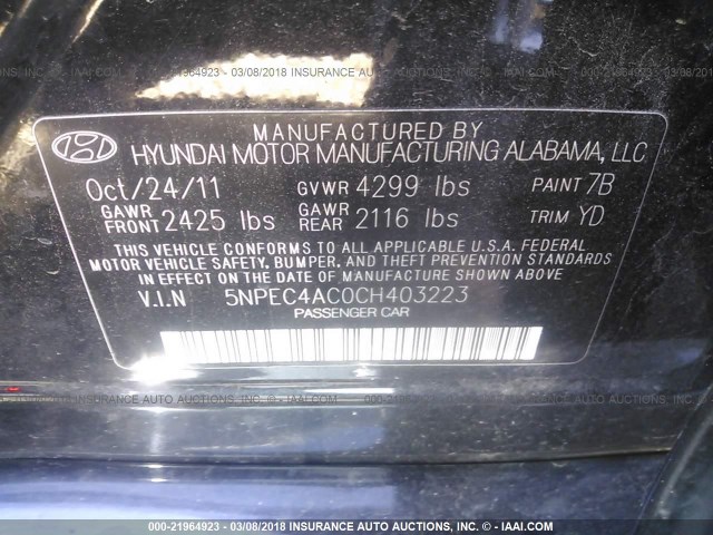 5NPEC4AC0CH403223 - 2012 HYUNDAI SONATA SE/LIMITED BLACK photo 9