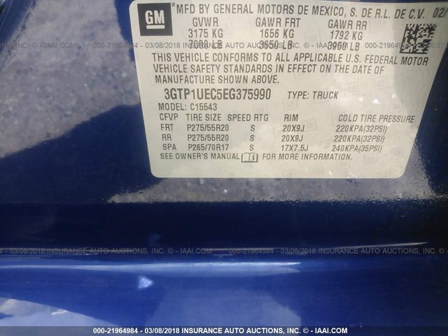 3GTP1UEC5EG375990 - 2014 GMC SIERRA C1500 SLE BLUE photo 9