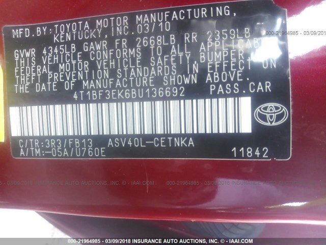 4T1BF3EK6BU136692 - 2011 TOYOTA CAMRY SE/LE/XLE Красный фото 9