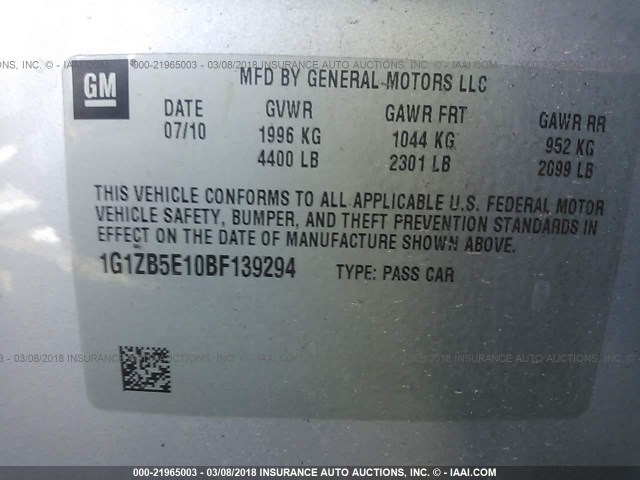 1G1ZB5E10BF139294 - 2011 CHEVROLET MALIBU LS 银色 照片 9