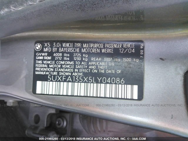 5UXFA135X5LY04086 - 2005 BMW X5 3.0I GRAY photo 9