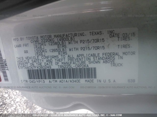 5TFTX4CN7FX060249 - 2015 TOYOTA TACOMA ACCESS CAB Weiß Foto 9