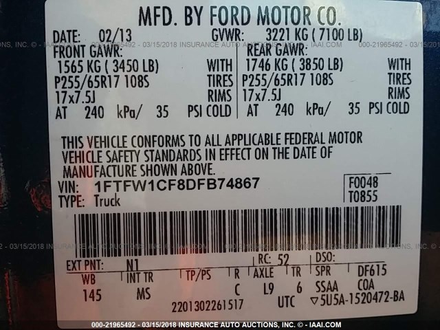 1FTFW1CF8DFB74867 - 2013 FORD F150 SUPERCREW BLUE photo 9